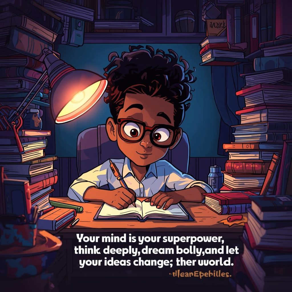 Cheerful Cartoon Characters with Glasses: Good Morning, Quotes & Wishes 24 A Black cartoon character with glasses writes in a notebook at a desk filled with books and a lamp