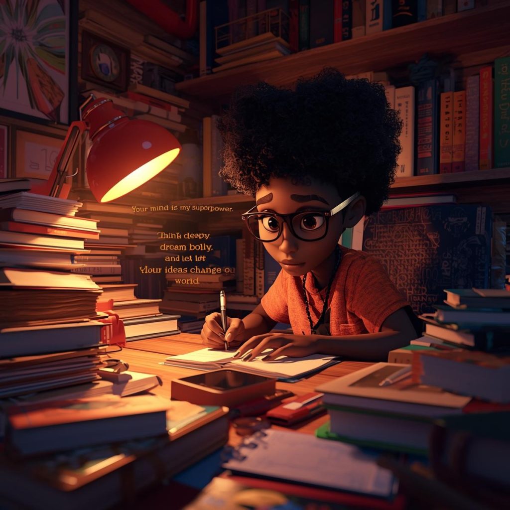 Cheerful Cartoon Characters with Glasses: Good Morning, Quotes & Wishes 25 A Black cartoon character with glasses writes in a notebook at a desk filled with books and a lamp