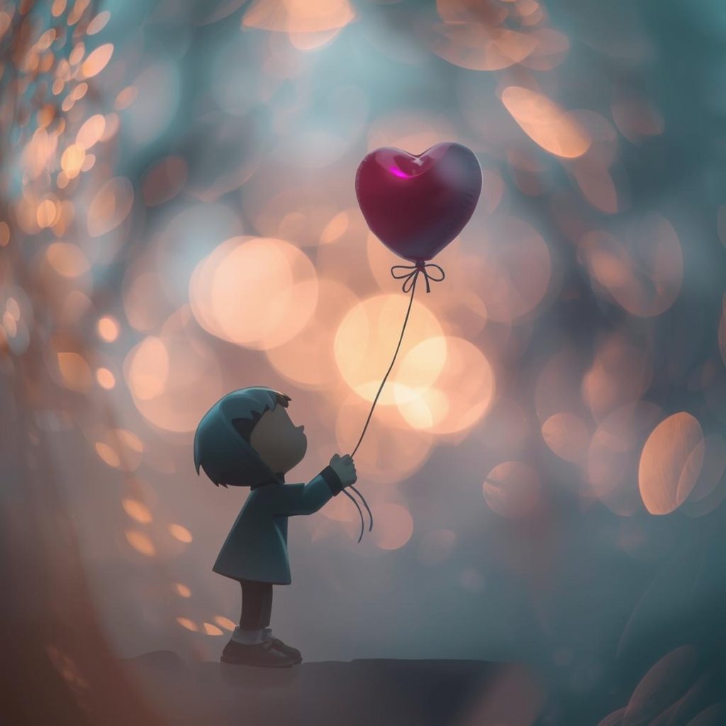 A balloon shaped like a heart drifts away from a sad figure’s hand.