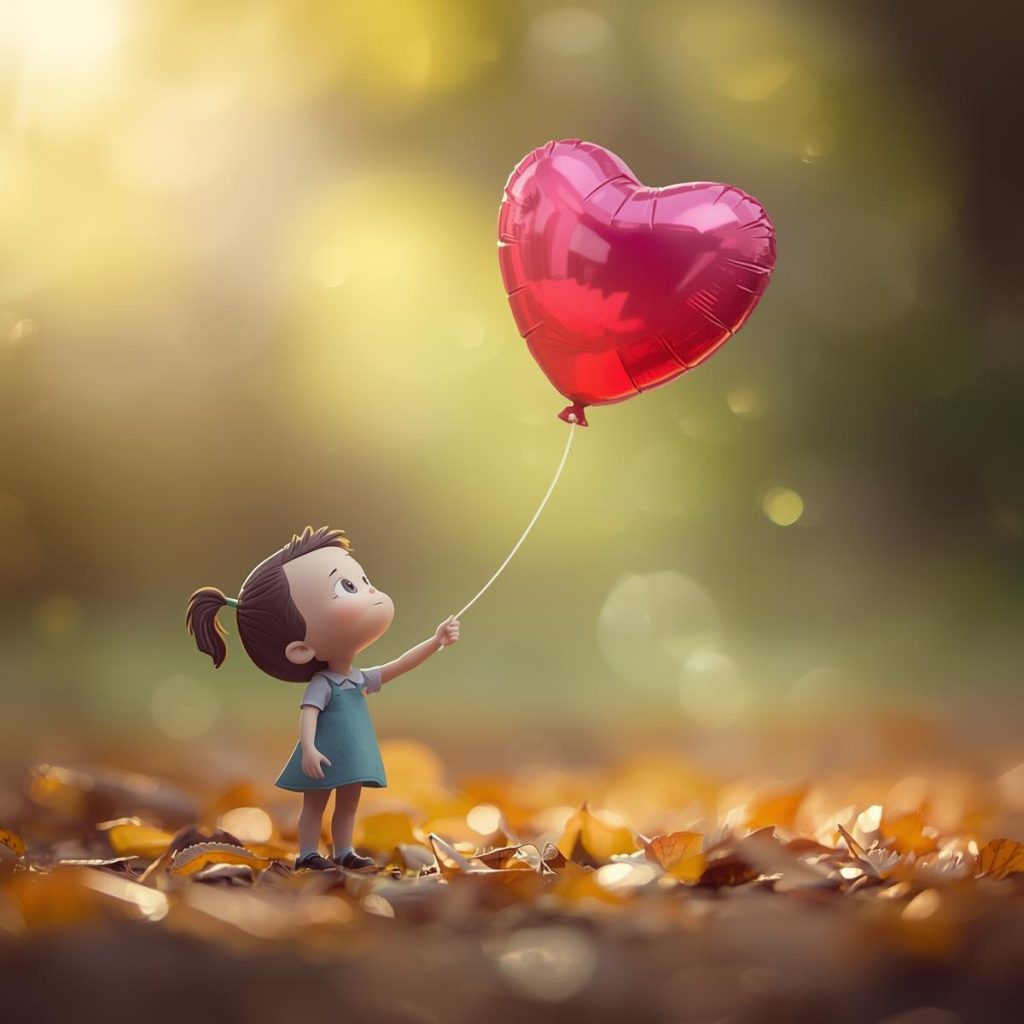 A balloon shaped like a heart drifts away from a sad figure’s hand.