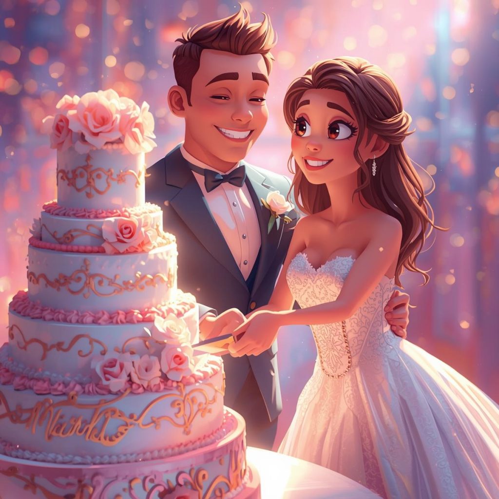A bride and groom hold a knife together, smiling as they cut a cake.
