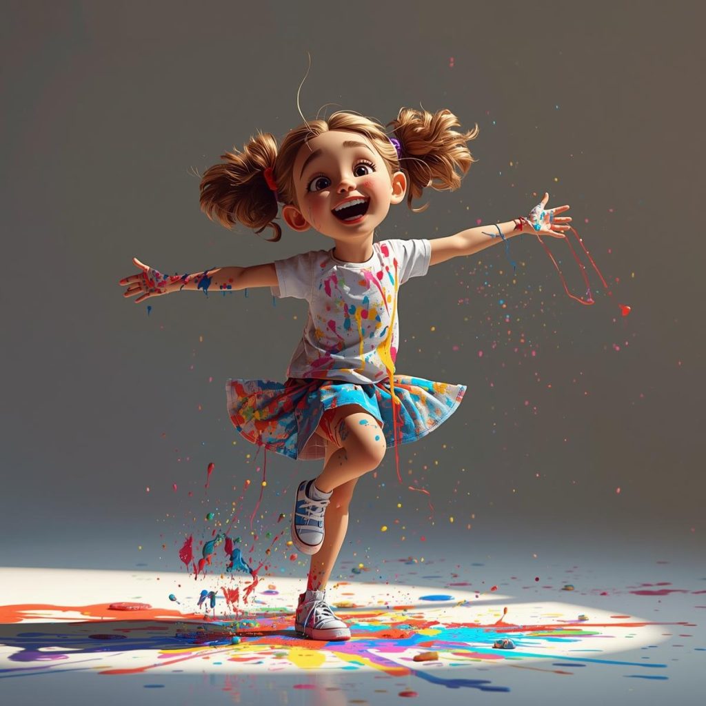 A carefree girl twirls around covered in colorful paint splatters.