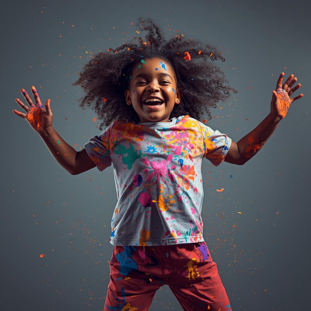 A carefree girl twirls around covered in colorful paint splatters.