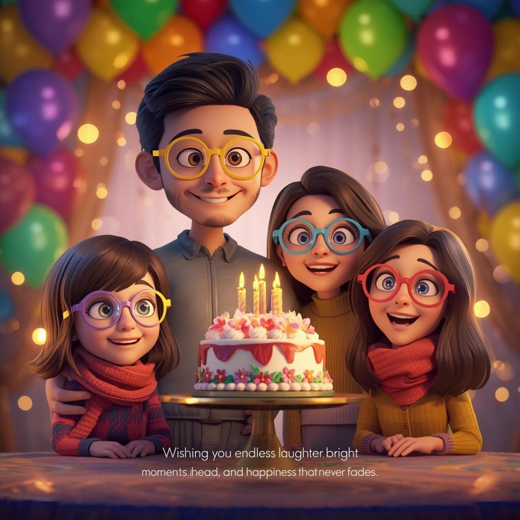 Cheerful Cartoon Characters with Glasses: Good Morning, Quotes & Wishes 8 A cartoon family with colorful glasses smiles together in front of balloons and a cake.