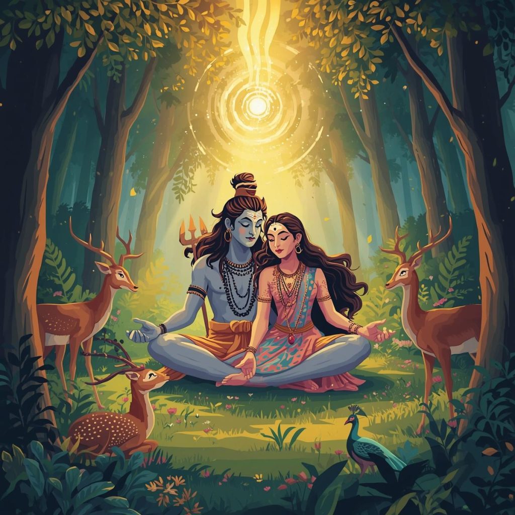 A cartoon of Lord Shiva and Parvati meditating together, surrounded by peaceful nature and divine energy.
