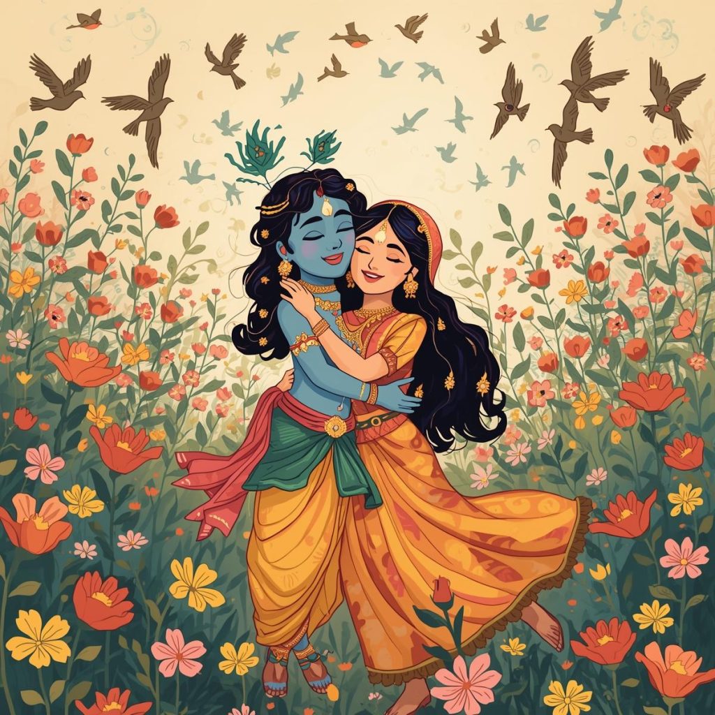 Radha and Krishna in a joyful embrace, nature celebrating their love.