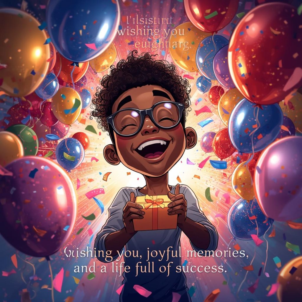Cheerful Cartoon Characters with Glasses: Good Morning, Quotes & Wishes 26 A cheerful Black cartoon character with glasses holds a gift box while balloons and confetti fill the air.