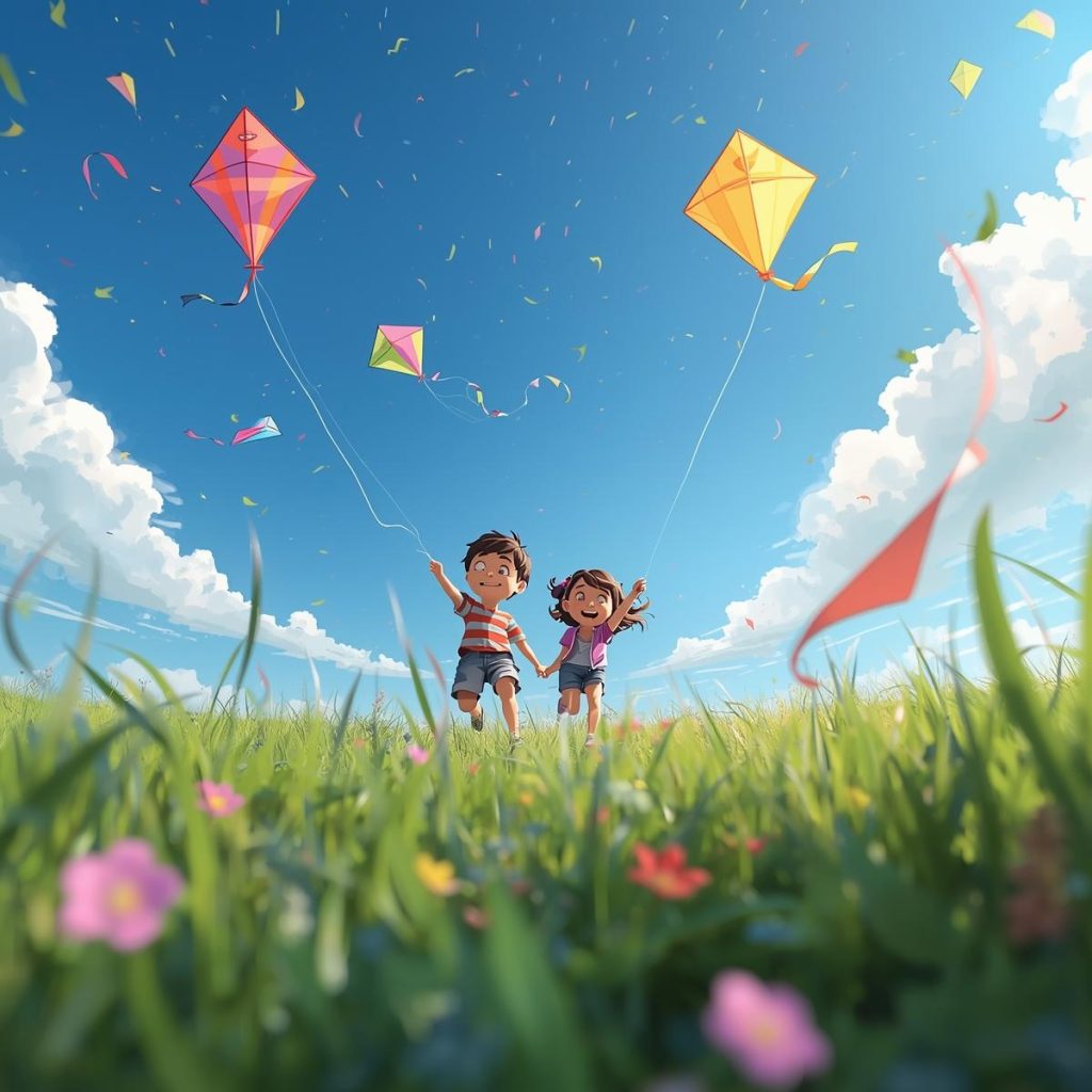 A cheerful boy and girl run across a field as their kites soar in the sky.