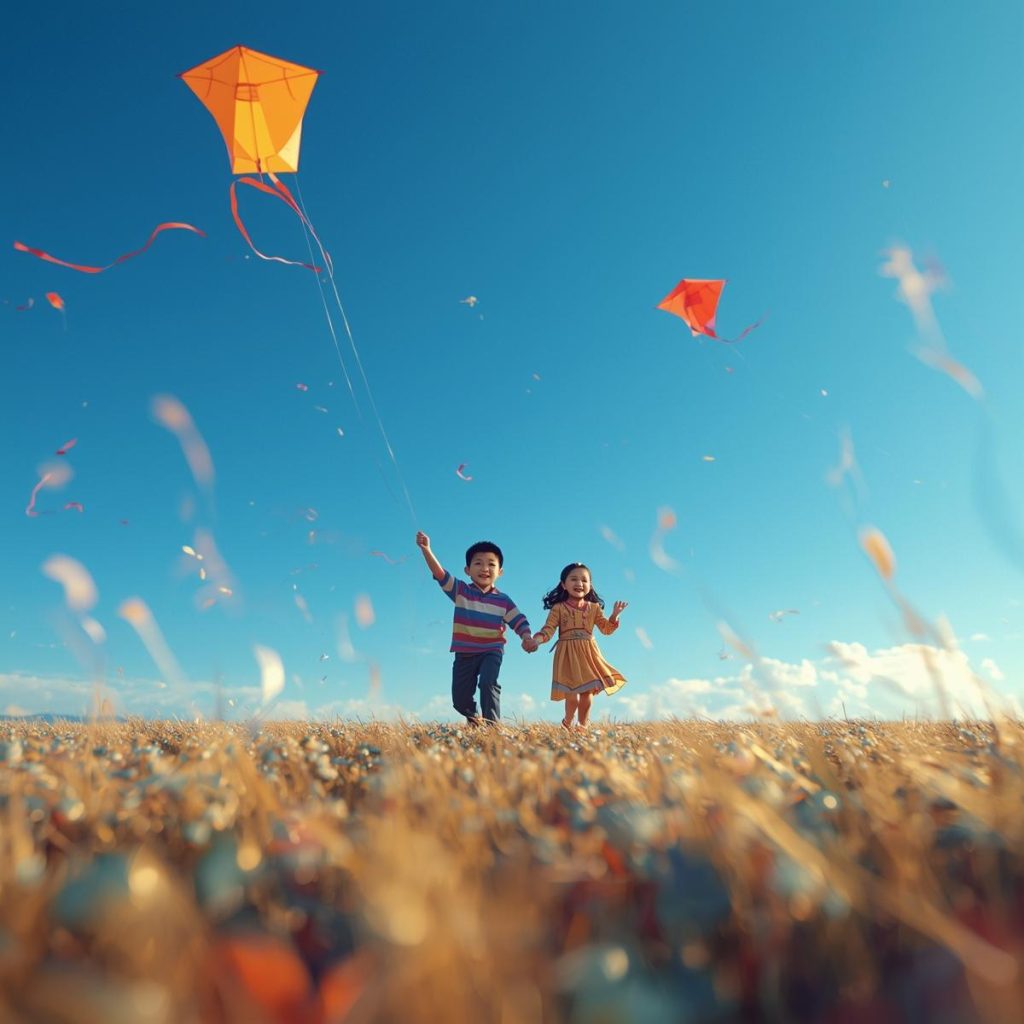 A cheerful boy and girl run across a field as their kites soar in the sky.