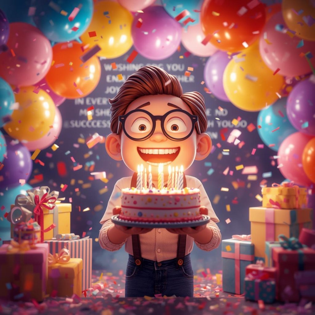 Cheerful Cartoon Characters with Glasses: Good Morning, Quotes & Wishes 52 A cheerful cartoon character with glasses and braces holds a birthday cake while balloons and confetti fill the background. (2)