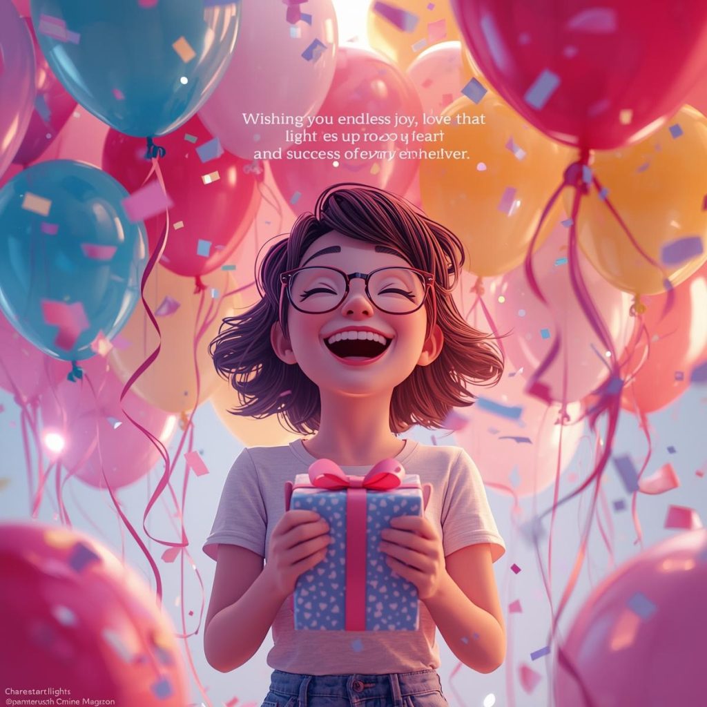 Cheerful Cartoon Characters with Glasses: Good Morning, Quotes & Wishes 33 A cheerful female cartoon character with glasses holds a gift while balloons and confetti float around her.