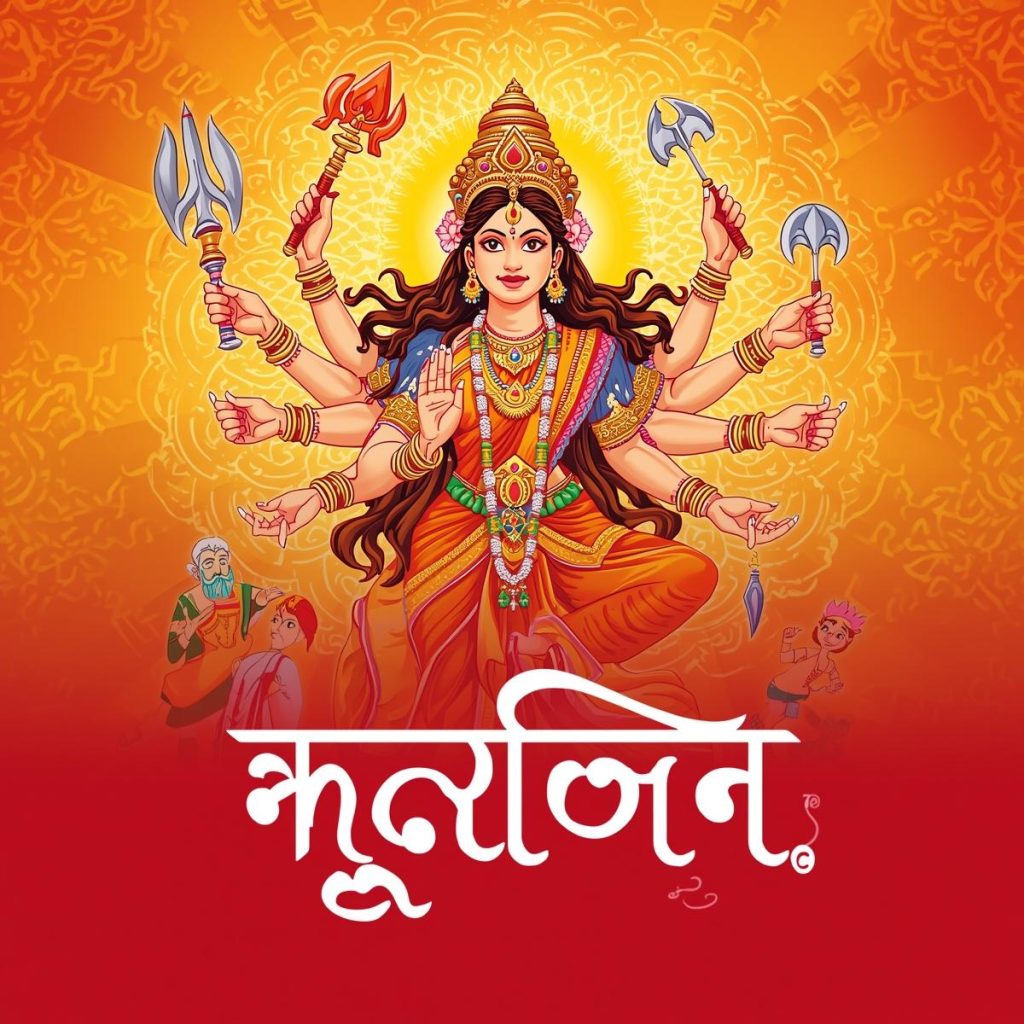 Cartoon of Maa Durga with "Jai Mata Di" Hindi quote in bright calligraphy.