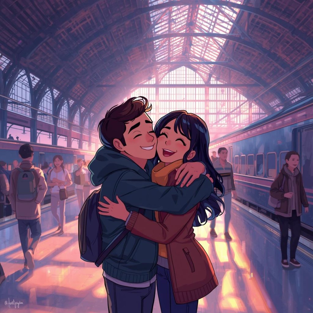 A couple embraces with joy after meeting at a station.