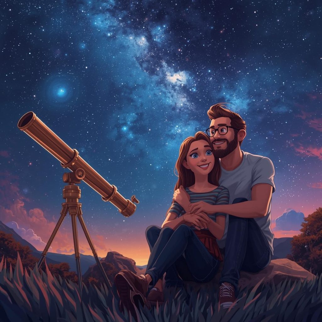 A couple gazes at the stars together through a telescope