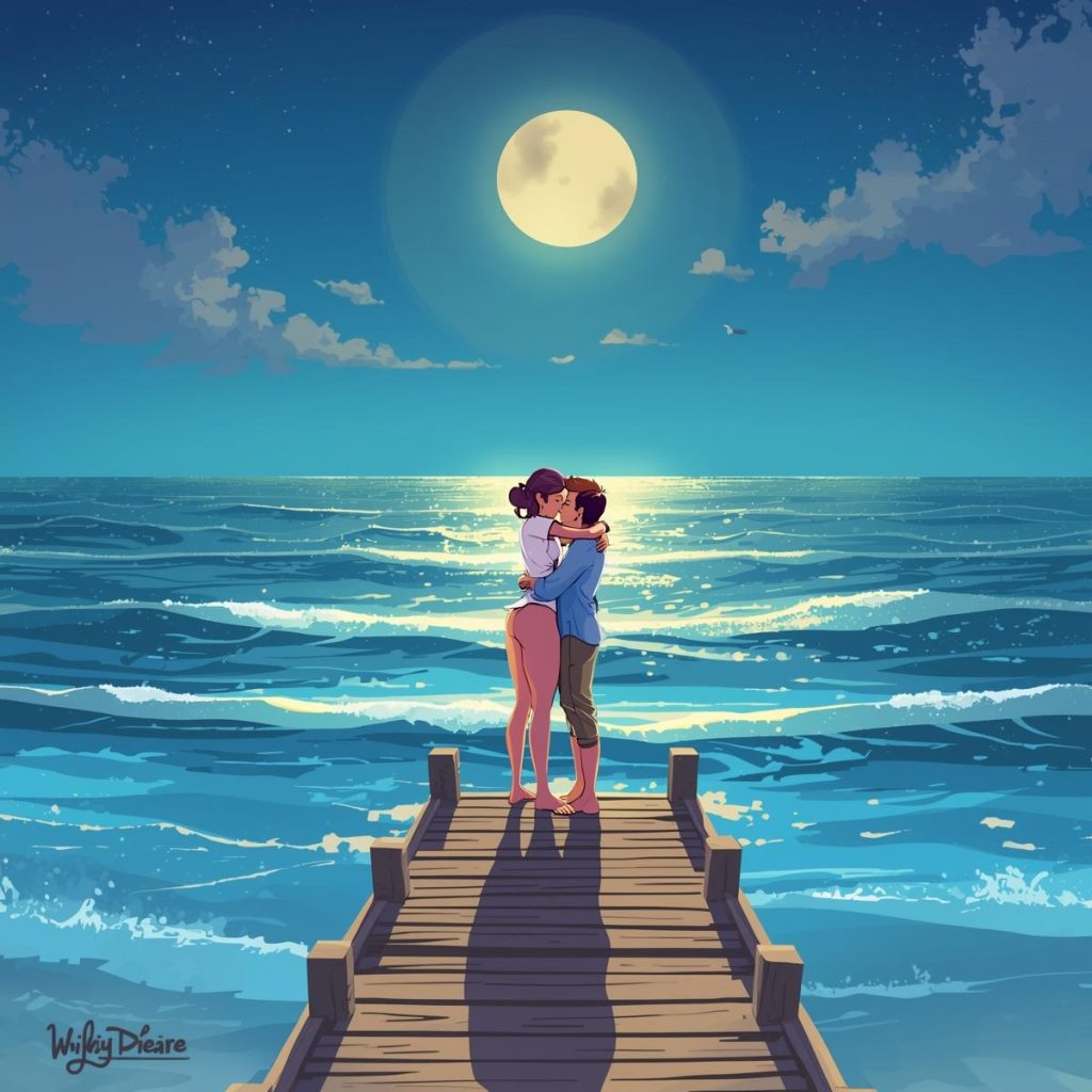 A couple hugging on a pier at night with moonlit ocean waves