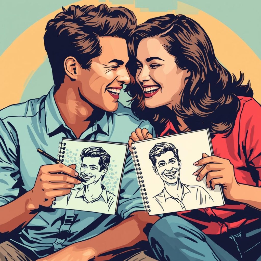 A couple playfully draws portraits of each other.