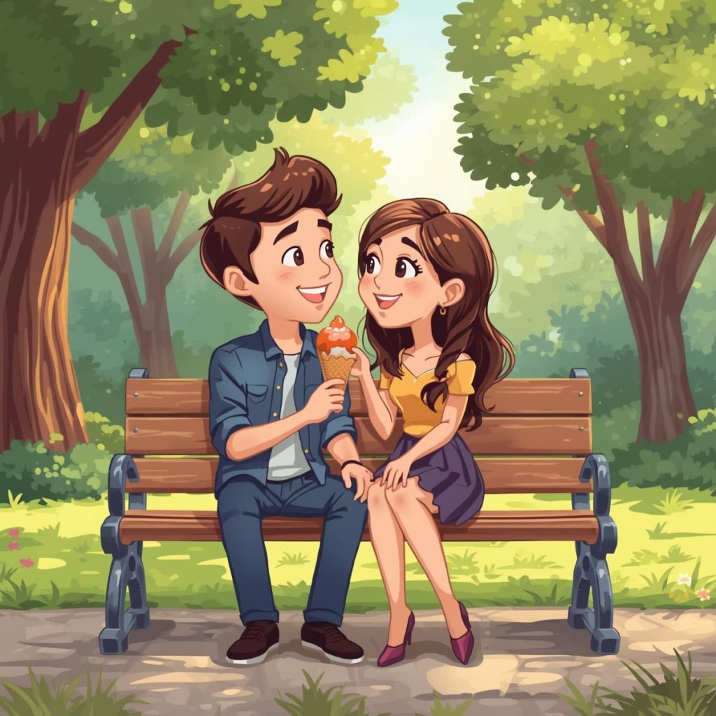 A couple sitting on a park bench happily sharing ice cream