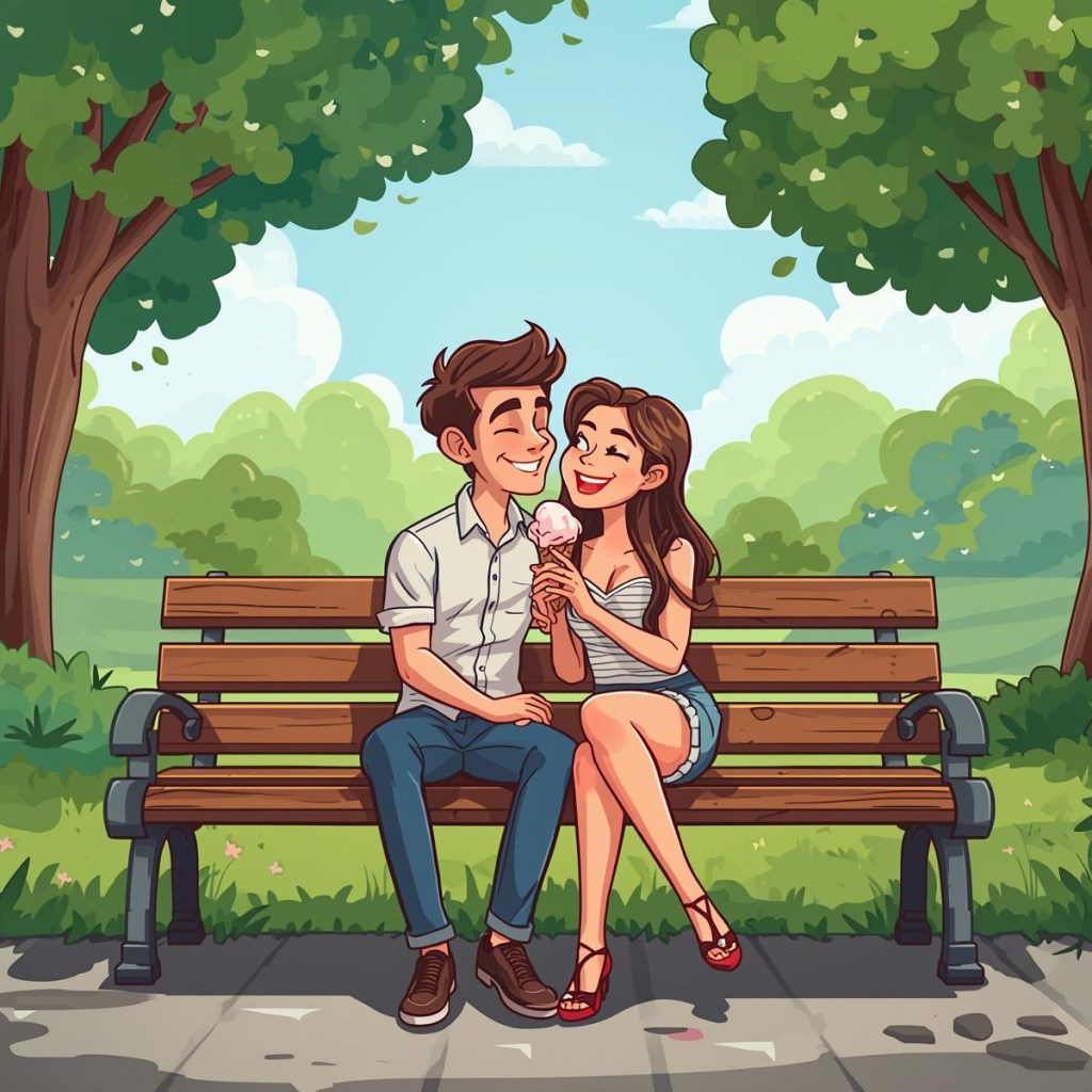 A couple sitting on a park bench happily sharing ice cream