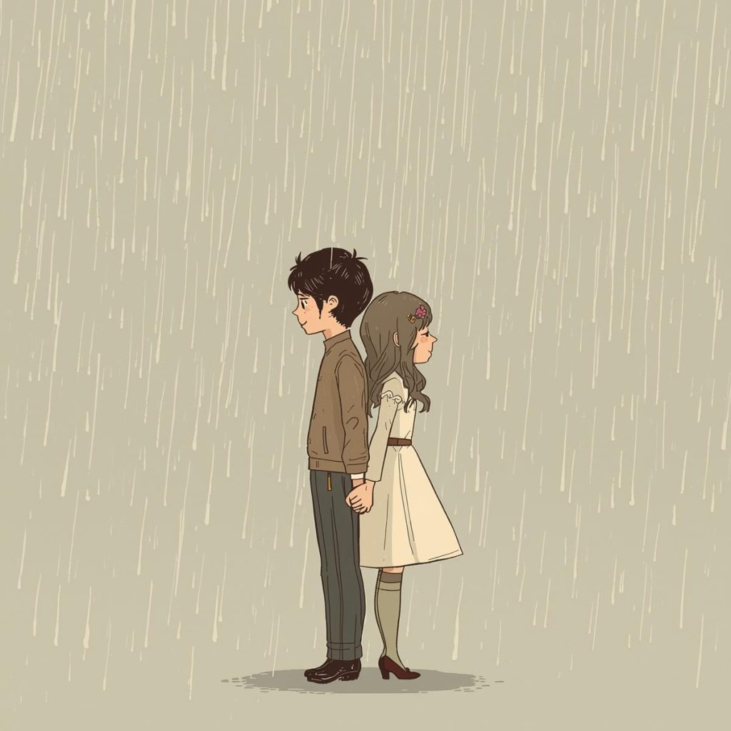 A couple stands in the rain, turned away from each other.