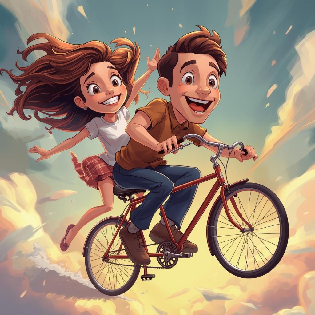 A couple struggles to balance while riding a tandem bike.