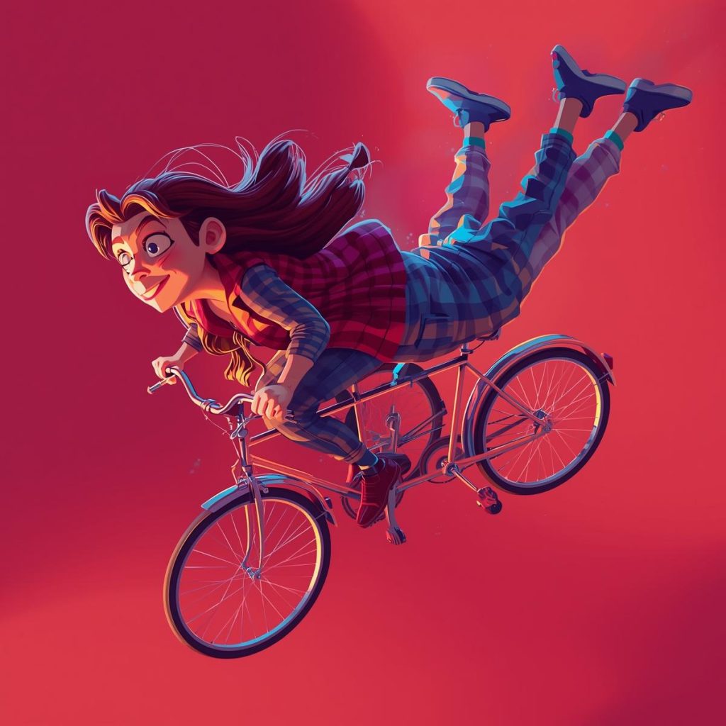 A couple struggles to balance while riding a tandem bike.