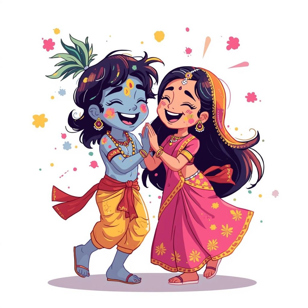 Radha and Krishna cartoon, both covered in Holi colors, smiling and playing together.