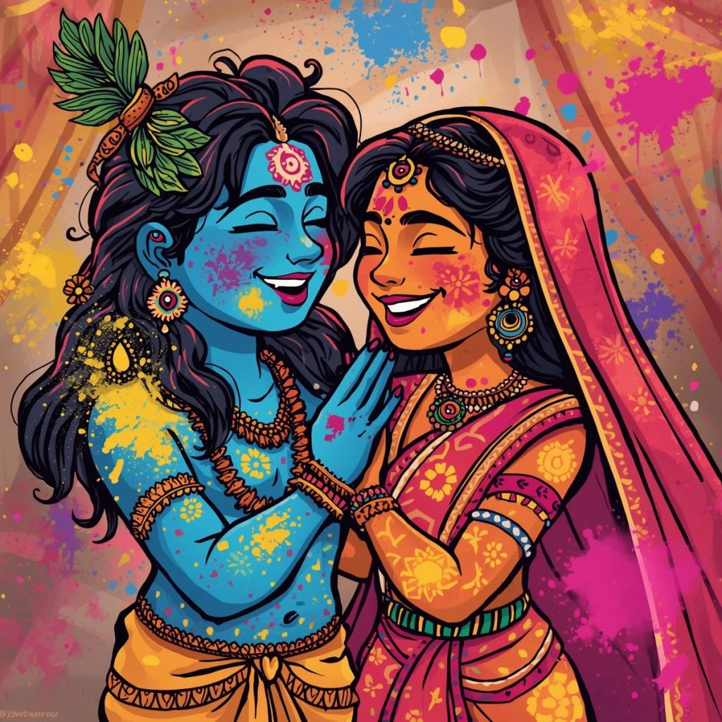Radha and Krishna cartoon, both covered in Holi colors, smiling and playing together.