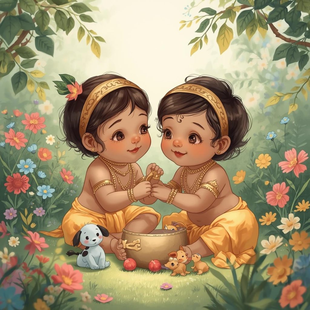 Baby Radha and Krishna playfully enjoying each other's company in a vibrant garden.