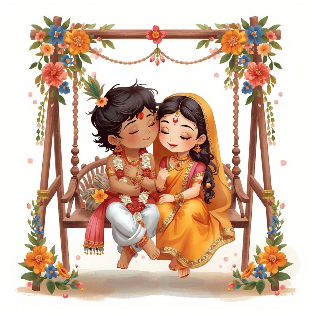 Cartoon of Radha and Krishna sitting cutely on a flower-decorated swing.