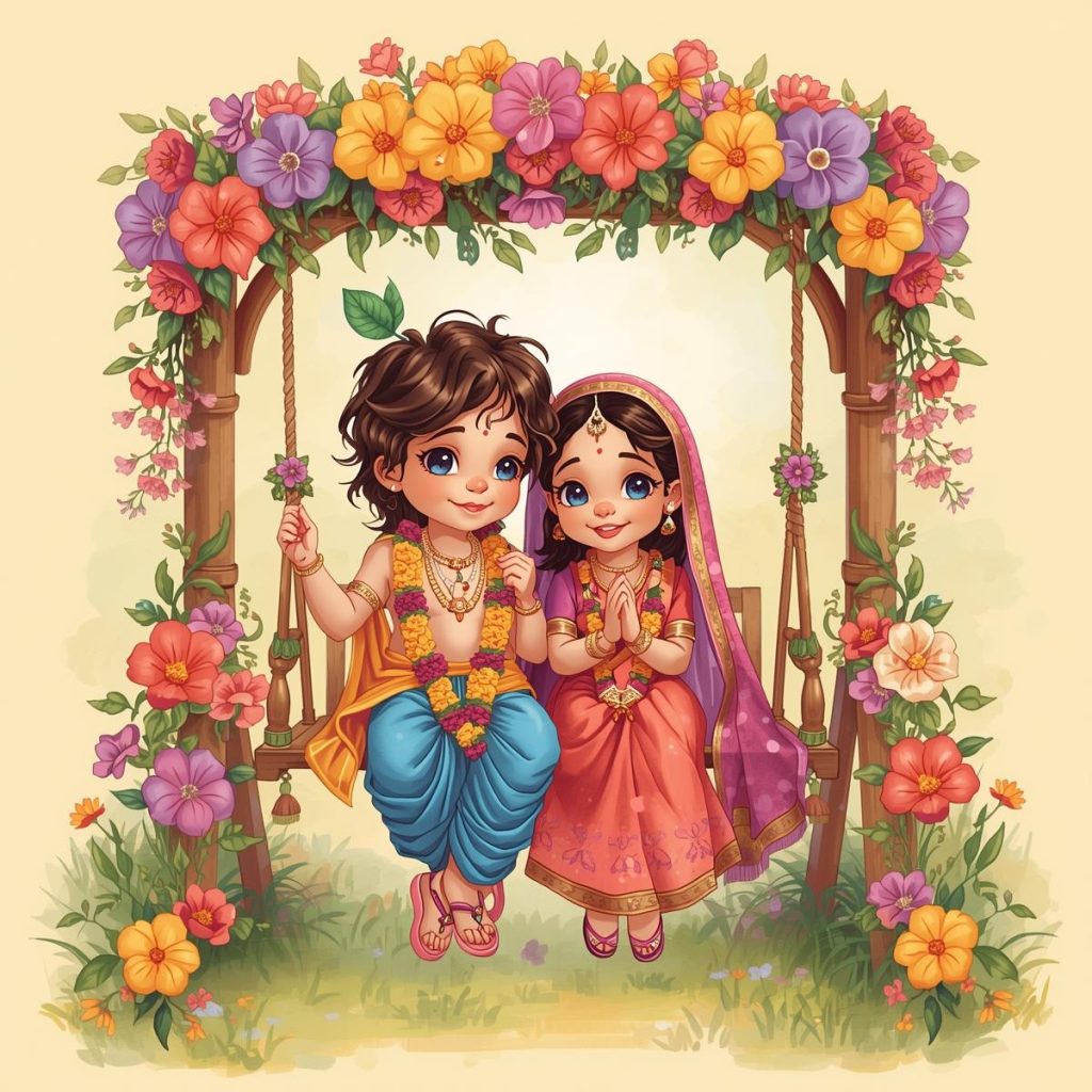 Cartoon of Radha and Krishna sitting cutely on a flower-decorated swing.