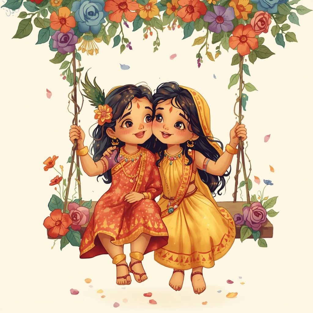 Cartoon of Radha and Krishna sitting cutely on a flower-decorated swing.