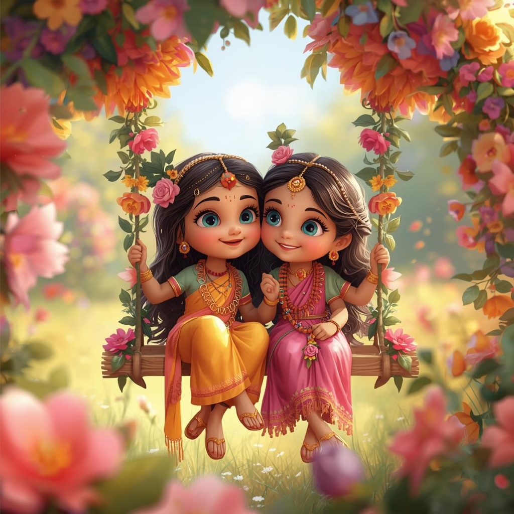 Cartoon of Radha and Krishna sitting cutely on a flower-decorated swing.