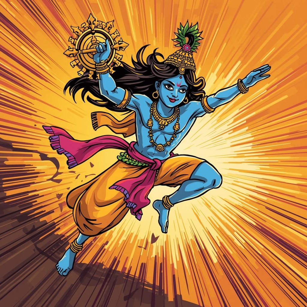Maha Yodha Krishna in battle mode, with his Sudarshan Chakra swirling around him.