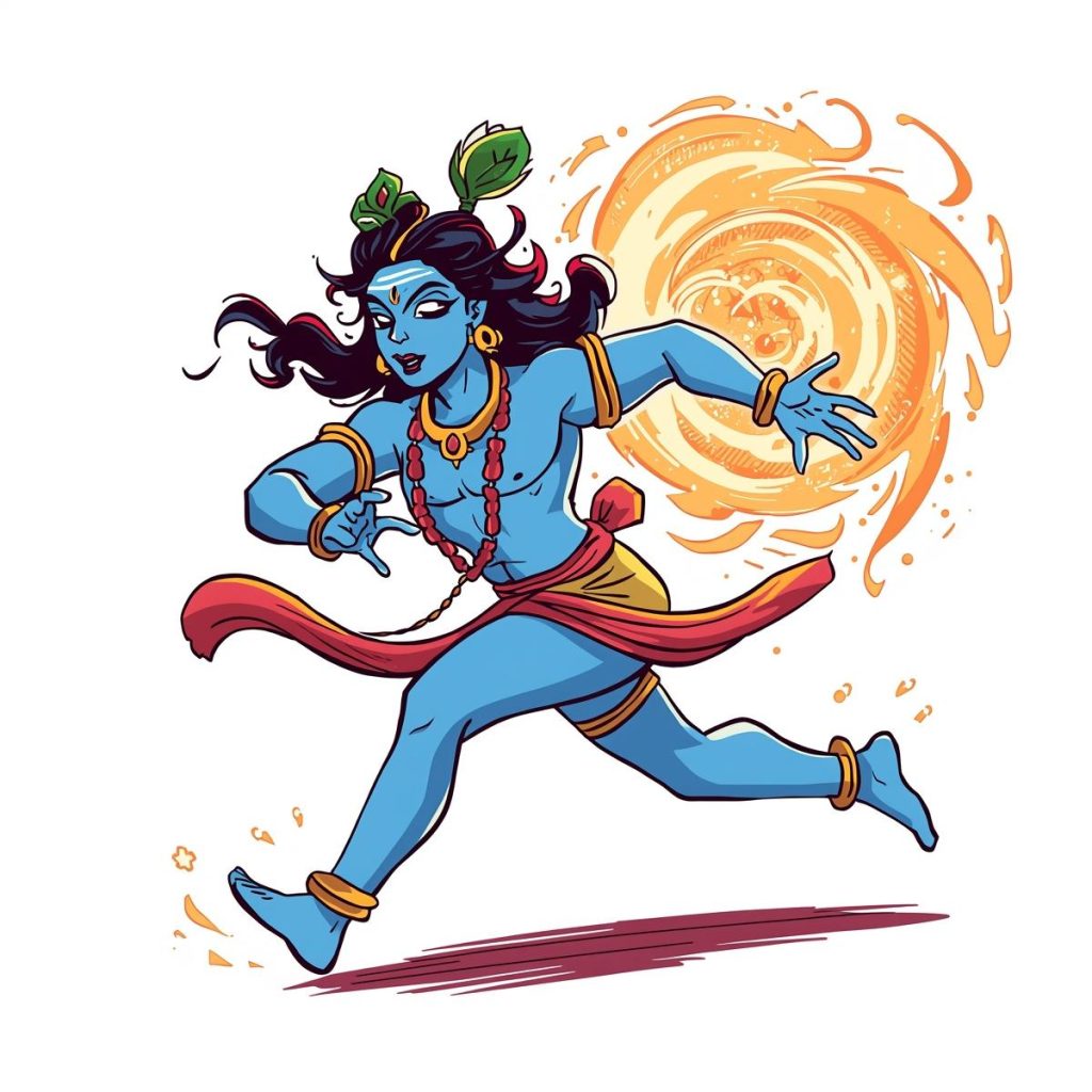 Maha Yodha Krishna in battle mode, with his Sudarshan Chakra swirling around him.