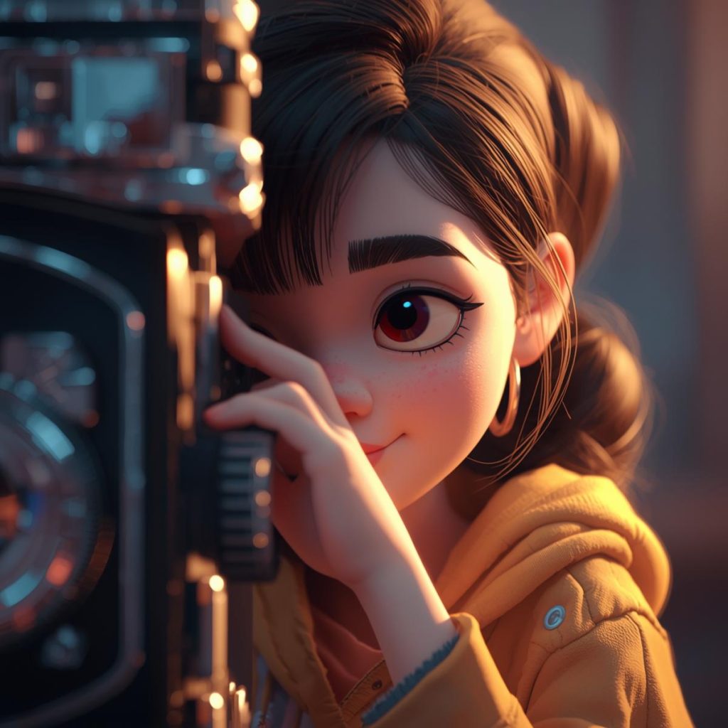 A girl hides behind a camera, capturing a picture with a small smile