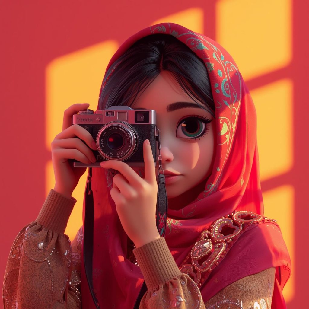 A girl hides behind a camera, capturing a picture with a small smile