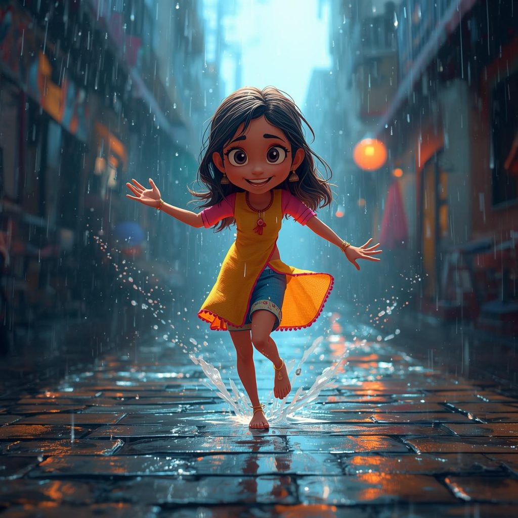 A girl in brightly mismatched clothes splashes wildly in the rain.