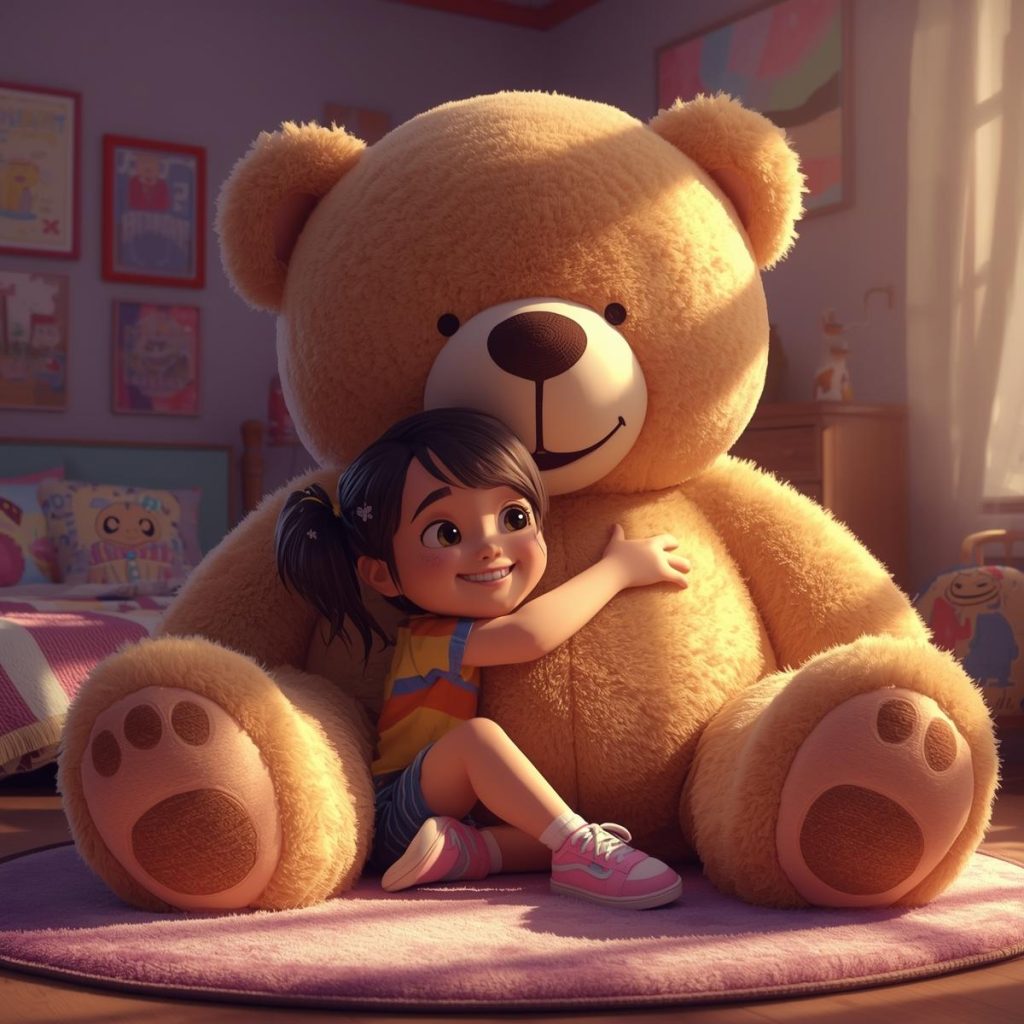 A happy girl sits on the floor, hugging an oversized teddy bear with a big smile.