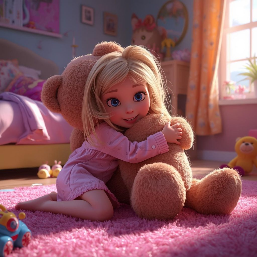 A happy girl sits on the floor, hugging an oversized teddy bear with a big smile.