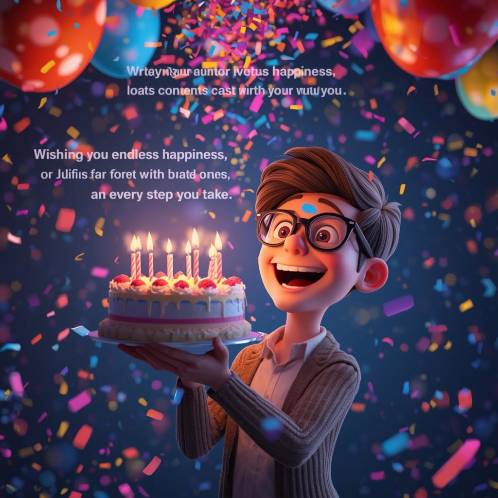 Cheerful Cartoon Characters with Glasses: Good Morning, Quotes & Wishes 21 A happy male cartoon character with glasses holds a birthday cake while balloons and confetti fill the room.