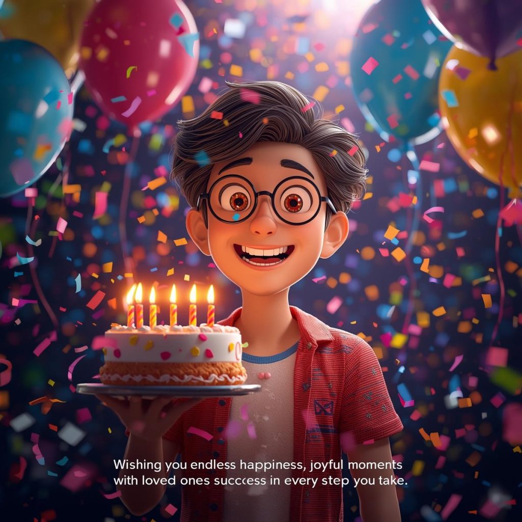 Cheerful Cartoon Characters with Glasses: Good Morning, Quotes & Wishes 22 A happy male cartoon character with glasses holds a birthday cake while balloons and confetti fill the room.