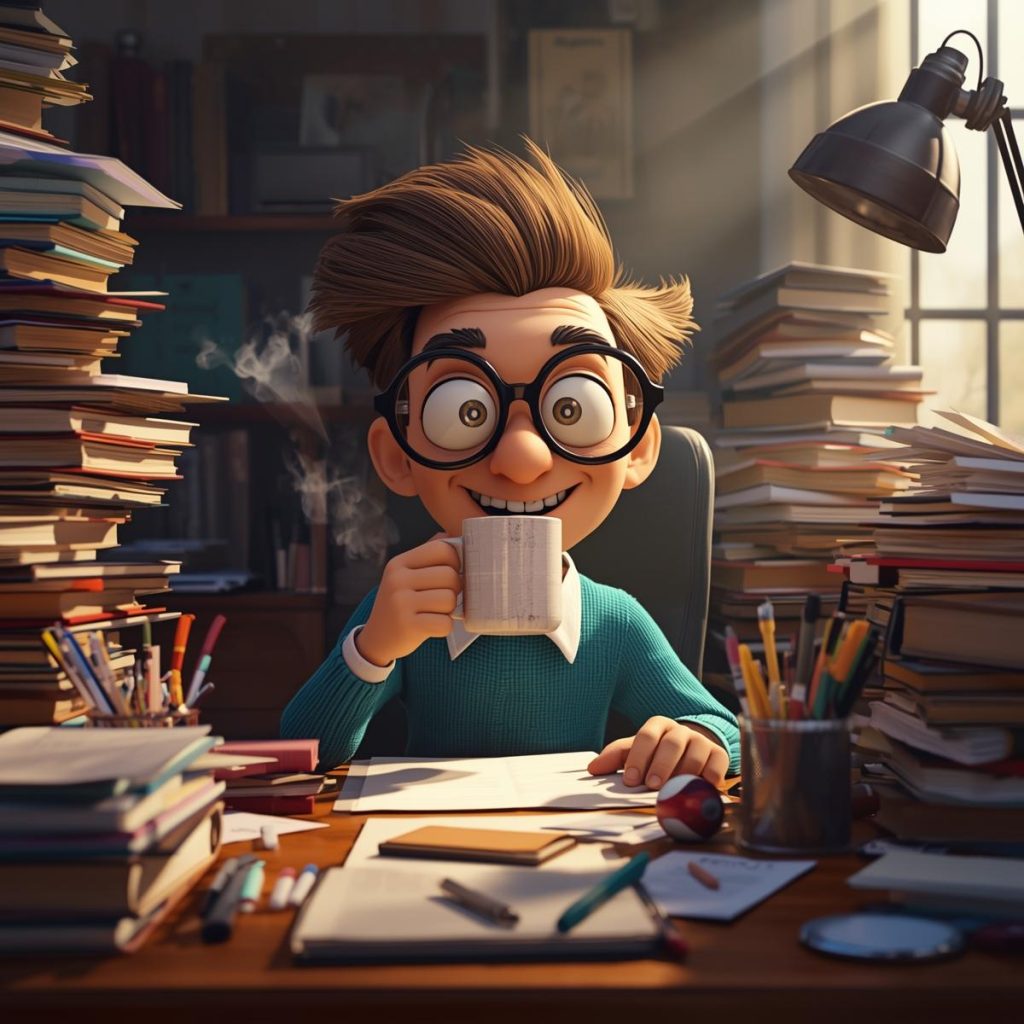 Cheerful Cartoon Characters with Glasses: Good Morning, Quotes & Wishes 41 A nerdy cartoon character with big glasses enjoys coffee at a cluttered desk filled with books and stationery in the morning.