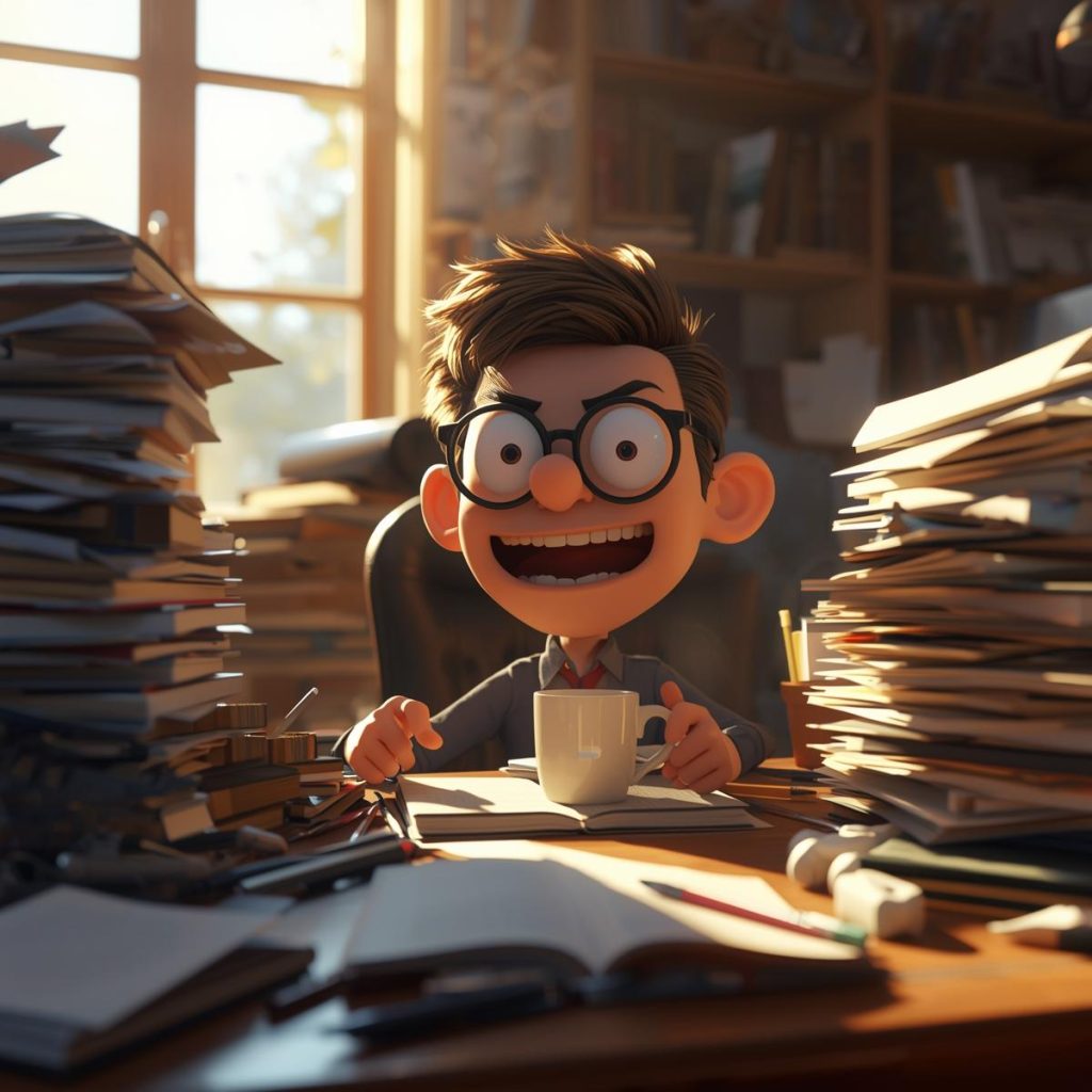 Cheerful Cartoon Characters with Glasses: Good Morning, Quotes & Wishes 40 A nerdy cartoon character with big glasses enjoys coffee at a cluttered desk filled with books and stationery in the morning.