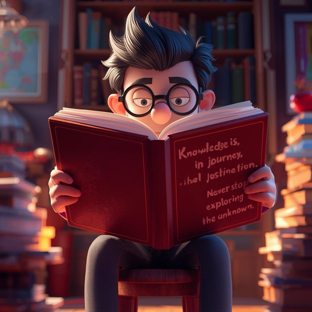Cheerful Cartoon Characters with Glasses: Good Morning, Quotes & Wishes 44 A nerdy cartoon character with glasses reads an open book in a library, surrounded by shelves of books.