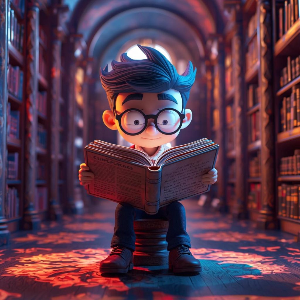 Cheerful Cartoon Characters with Glasses: Good Morning, Quotes & Wishes 43 A nerdy cartoon character with glasses reads an open book in a library, surrounded by shelves of books.