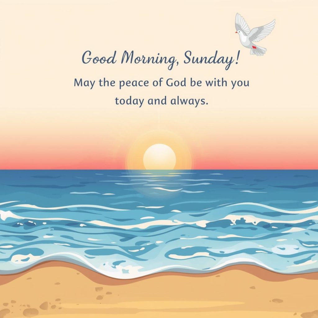 A peaceful beach scene with a rising sun and a flying dove, carrying a divine message of God’s peace and blessings.