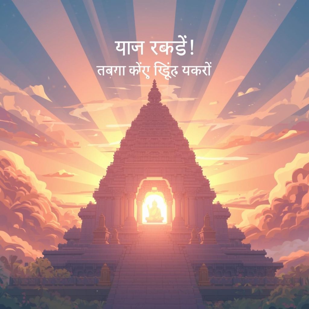 A peaceful sunrise behind a temple with glowing rays, carrying a Hindi blessing for a blessed Sunday.