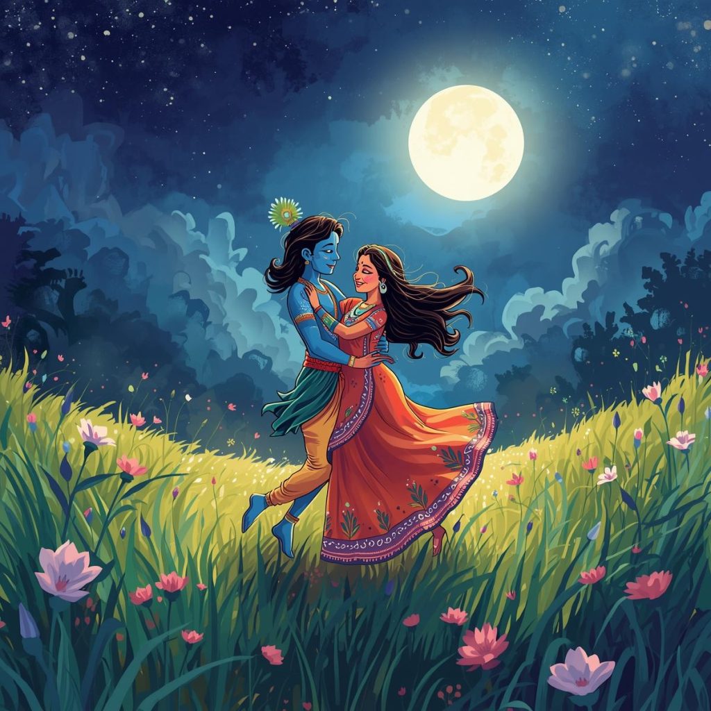 Radha and Krishna in a romantic cartoon dance under the moonlight.
