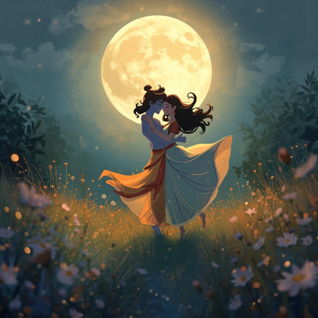 Radha and Krishna in a romantic cartoon dance under the moonlight.