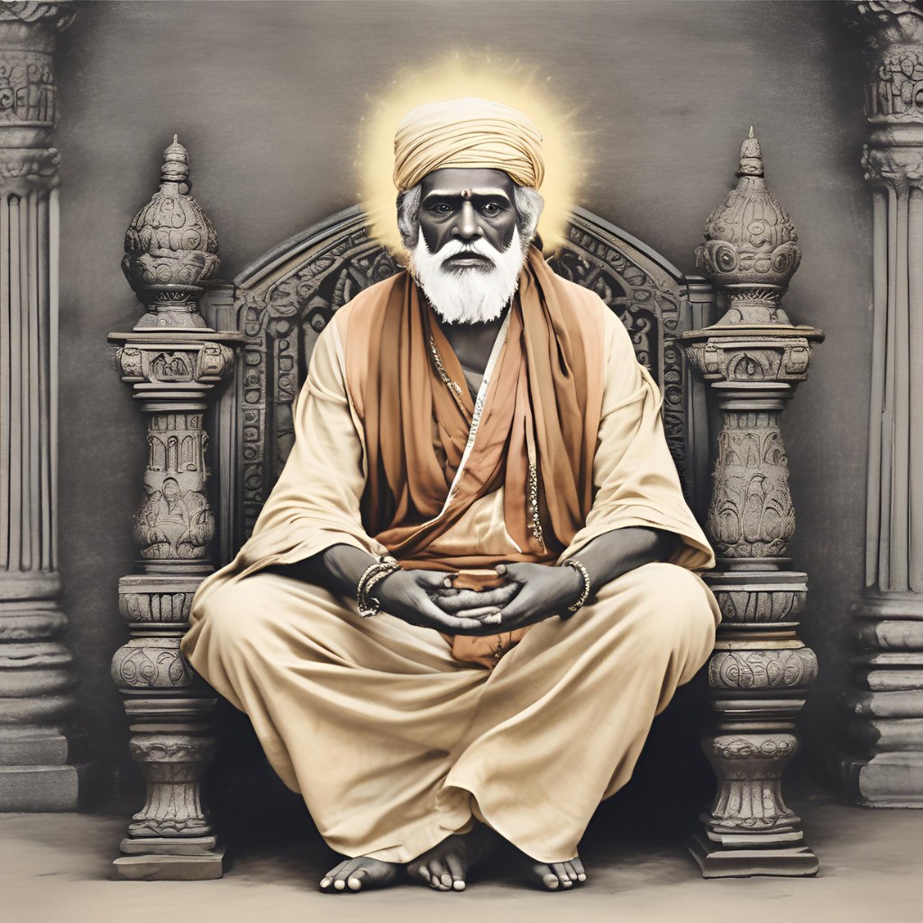 A serene depiction of Sai Baba seated on a throne with a peaceful aura surrounding him.
